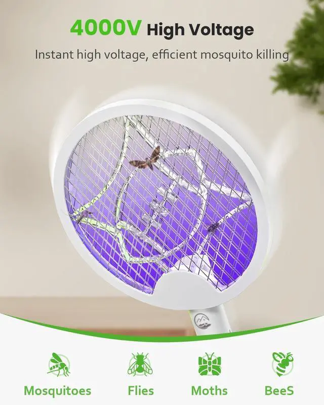 Alt view image 2 of 7 - Electric Fly Swatter Racket, Foldable 2 in 1 Bug Zapper with Purple Trap Lamp, 4000V & 1500mAh Powerful Mosquito Trap Killer with Type-C Rechargeable for Indoor Home Office Patio Camp(2 Pack)