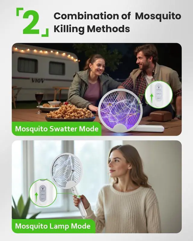 Alt view image 3 of 7 - Electric Fly Swatter Racket, Foldable 2 in 1 Bug Zapper with Purple Trap Lamp, 4000V & 1500mAh Powerful Mosquito Trap Killer with Type-C Rechargeable for Indoor Home Office Patio Camp(2 Pack)