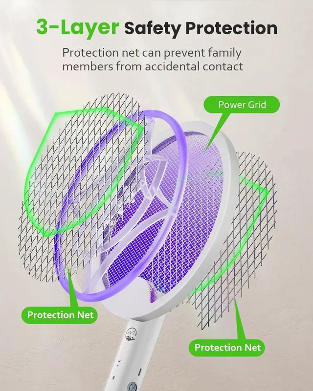 Alt view image 4 of 7 - Electric Fly Swatter Racket, Foldable 2 in 1 Bug Zapper with Purple Trap Lamp, 4000V & 1500mAh Powerful Mosquito Trap Killer with Type-C Rechargeable for Indoor Home Office Patio Camp(2 Pack)