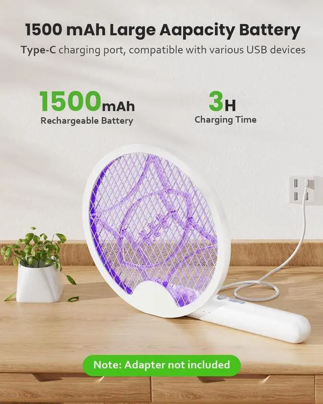 Alt view image 5 of 7 - Electric Fly Swatter Racket, Foldable 2 in 1 Bug Zapper with Purple Trap Lamp, 4000V & 1500mAh Powerful Mosquito Trap Killer with Type-C Rechargeable for Indoor Home Office Patio Camp(2 Pack)