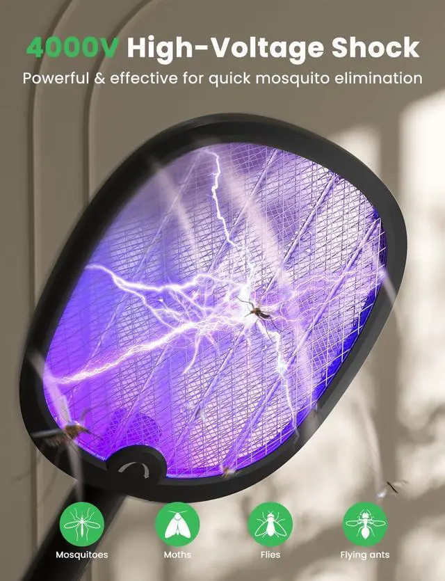 Alt view image 2 of 7 - YISSVIC Electric Fly Swatter Foldable Bug Zapper Racket 2 in 1 Mosquito Killer with Purple Attractant Light Rechargeable 1800mAh for Indoor Home Backyard Patio Camping