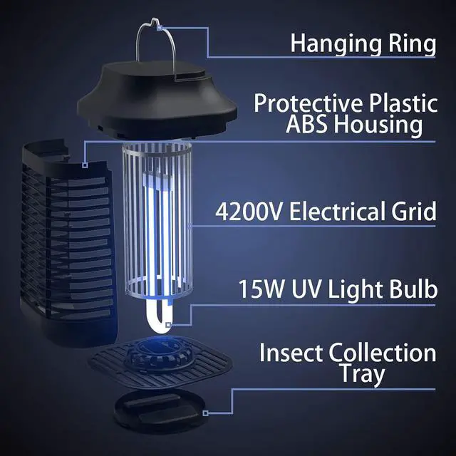 Alt view image 3 of 7 - Bug Zapper Outdoor/Indoor,Mosquito Zapper 4200V High Powered Waterproof Electronic Mosquito Killer,15W UVA Mosquito Lamp Bulb,Fly Traps Patio Insects Killer,Trap Killer for Home,Kitchen, Backyard
