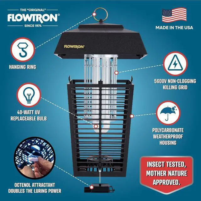 Alt view image 2 of 7 - Flowtron Bug Zapper, 1 Acre of Outdoor Coverage with Powerful 40W Bulb & 5600V Instant Killing Grid, Electric Insect, Fly & Mosquito Zapper, Made in The USA
