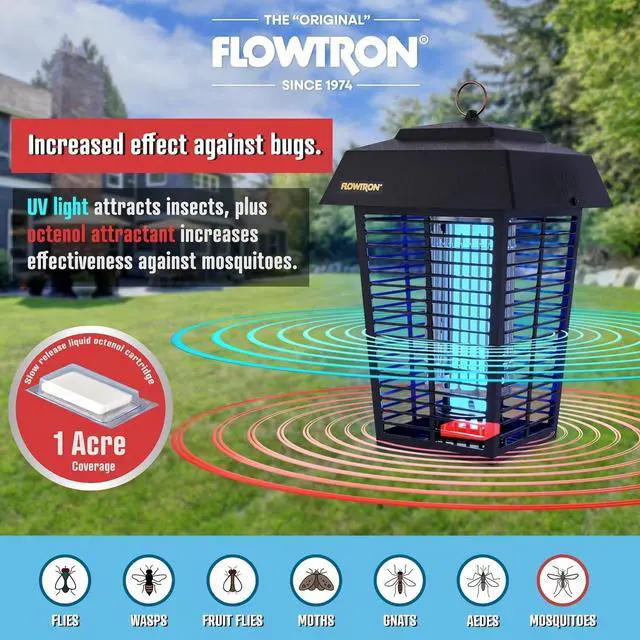 Alt view image 3 of 7 - Flowtron Bug Zapper, 1 Acre of Outdoor Coverage with Powerful 40W Bulb & 5600V Instant Killing Grid, Electric Insect, Fly & Mosquito Zapper, Made in The USA