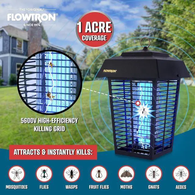 Alt view image 5 of 7 - Flowtron Bug Zapper, 1 Acre of Outdoor Coverage with Powerful 40W Bulb & 5600V Instant Killing Grid, Electric Insect, Fly & Mosquito Zapper, Made in The USA
