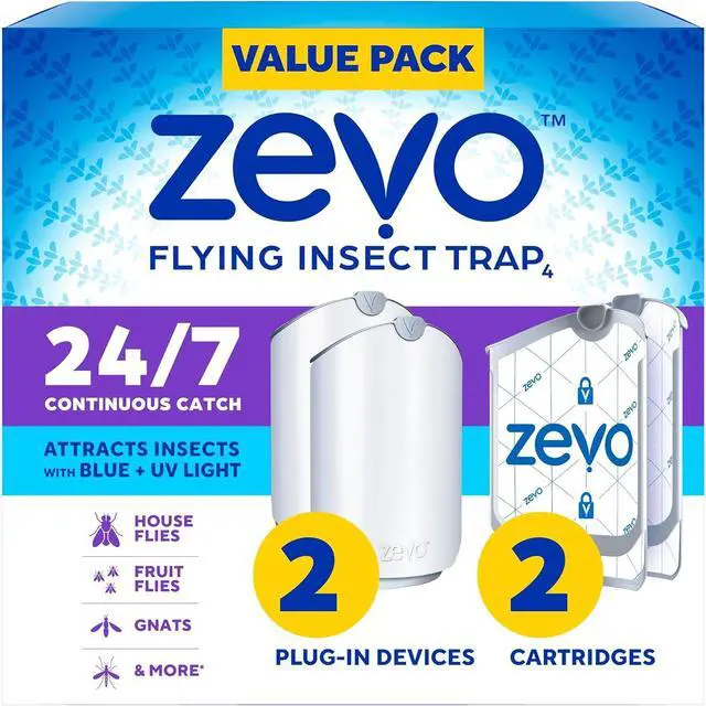 Main image of Zevo 2 Flying Insect Traps & 2 Refill Cartridges - Plug in Fly Trap & Indoor Bug Catcher for Gnats, House & Fruit Flies - Blue & UV Light Technology, Mess-Free Alternative to Bug Zapper