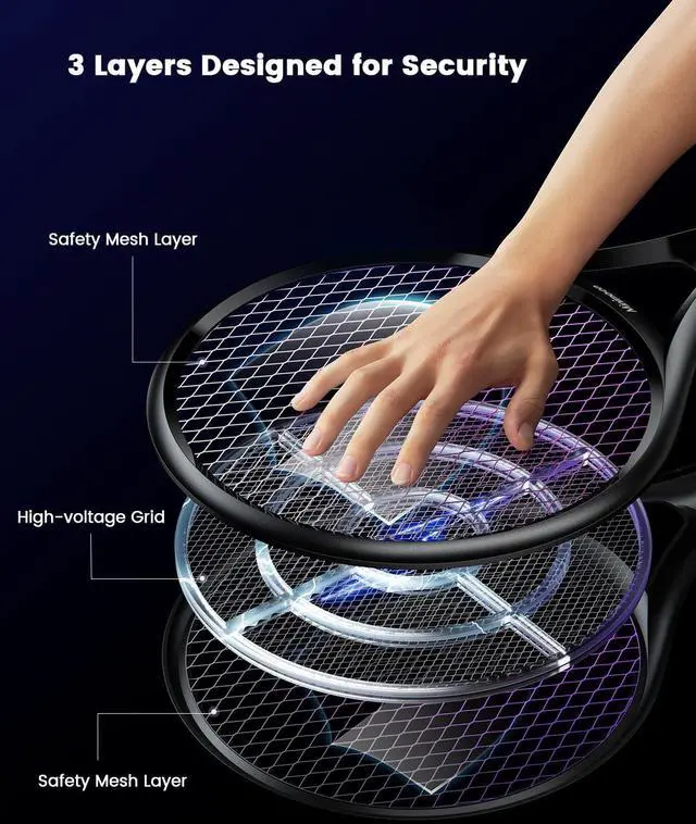 Alt view image 7 of 7 - Minimoon Electric Fly Swatter with LED Display, 2000mAh Rechargeable Fly Swatter Racket, 2500V Bug Zapper Racket Dual Modes, Mosquito Killer Lamp with 3 Layers Safety Mesh for Indoor Outdoor Camping