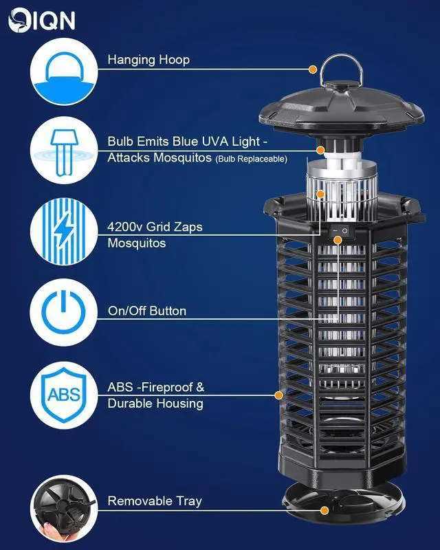 Alt view image 3 of 7 - Bug Zapper Outdoor, Plug in Electric Mosquito Fly Zapper w/ 15W Light & 4200V Grid & on/Off Switch, Mosquito Traps & Killer for Indoor, Kitchen, Patio, Backyard and More (Black)