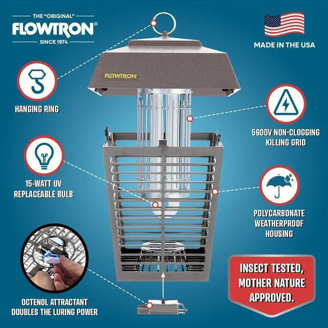 Alt view image 2 of 7 - Flowtron Electric Bug Zapper 1/2 Acre Outdoor Insect Control with Dual Lure Method, 15W UV Light & Octenol Attractant for Fly & Mosquito, 5600V Kill Grid, Made in USA, UL Certified - Grey Color