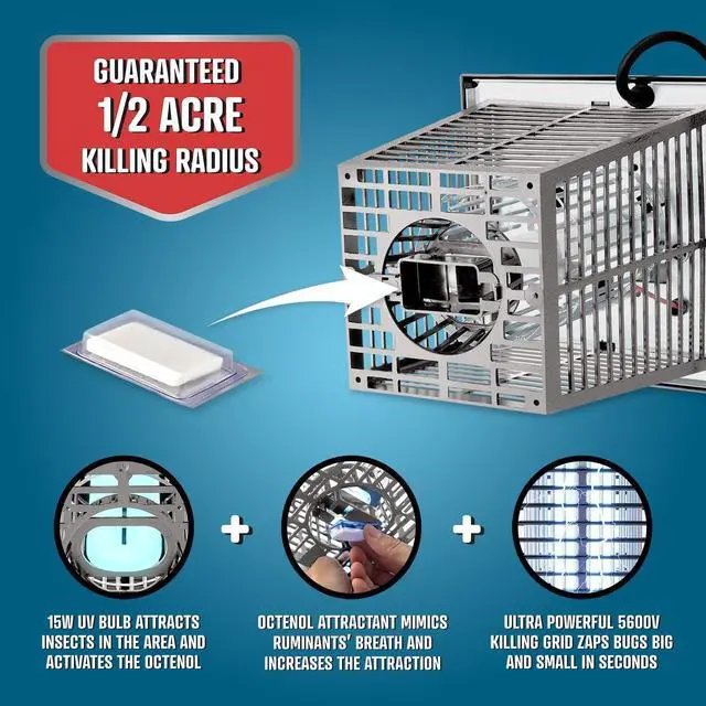 Alt view image 3 of 7 - Flowtron Electric Bug Zapper 1/2 Acre Outdoor Insect Control with Dual Lure Method, 15W UV Light & Octenol Attractant for Fly & Mosquito, 5600V Kill Grid, Made in USA, UL Certified - Grey Color