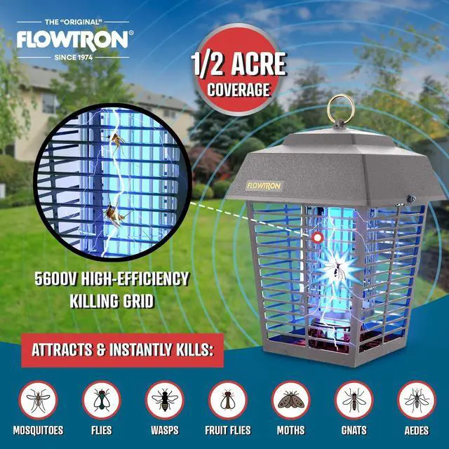 Alt view image 4 of 7 - Flowtron Electric Bug Zapper 1/2 Acre Outdoor Insect Control with Dual Lure Method, 15W UV Light & Octenol Attractant for Fly & Mosquito, 5600V Kill Grid, Made in USA, UL Certified - Grey Color