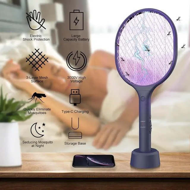 Alt view image 3 of 7 - Electric Fly Swatter 2 Pack, 3000V Bug Zapper Racket Fly Zapper with 1500mAh Rechargeable Battery, Indoor Outdoor Fly Trap Mosquito Killer with 3-Layer Safety Mesh for Home, Kitchen, Patio, Camping