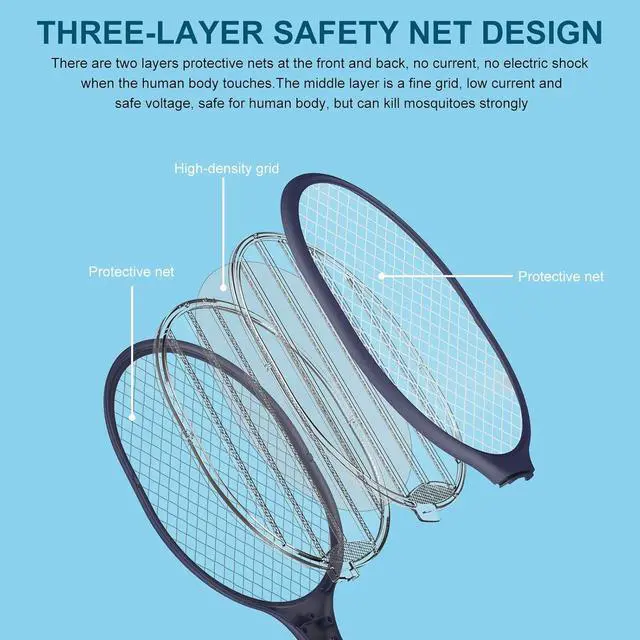 Alt view image 6 of 7 - Electric Fly Swatter 2 Pack, 3000V Bug Zapper Racket Fly Zapper with 1500mAh Rechargeable Battery, Indoor Outdoor Fly Trap Mosquito Killer with 3-Layer Safety Mesh for Home, Kitchen, Patio, Camping