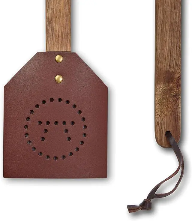 Alt view image 5 of 7 - Outset 76616 Acacia Wood and Leather Amish-Style Fly Swatter, 17.5", Brown