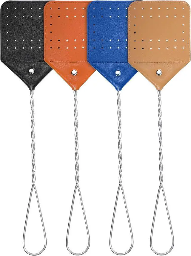 Main image of Zopeal 4 Pcs Sturdy Leather Fly Swatter 17 Inch Long Handle Manual Swat Heavy Duty Metal Handle Flyswatter Rustic Fly Swatter for Indoor Outdoor(Royal Blue, Black, Khaki, Dark Brown)