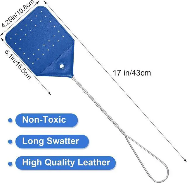 Alt view image 2 of 7 - Zopeal 4 Pcs Sturdy Leather Fly Swatter 17 Inch Long Handle Manual Swat Heavy Duty Metal Handle Flyswatter Rustic Fly Swatter for Indoor Outdoor(Royal Blue, Black, Khaki, Dark Brown)