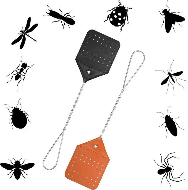 Alt view image 4 of 7 - Zopeal 4 Pcs Sturdy Leather Fly Swatter 17 Inch Long Handle Manual Swat Heavy Duty Metal Handle Flyswatter Rustic Fly Swatter for Indoor Outdoor(Royal Blue, Black, Khaki, Dark Brown)