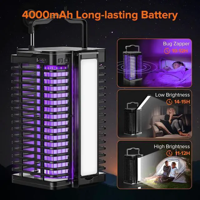 Alt view image 4 of 7 - Solar Bug Zapper Outdoor& Indoor, 4200V Mosquito Zapper with Reading Lamp, Cordless & Rechargeable Electric Fly Zapper, 2-in-1 Waterproof Mosquito Repellent Outdoor Patio for Home, Patio,Backyard