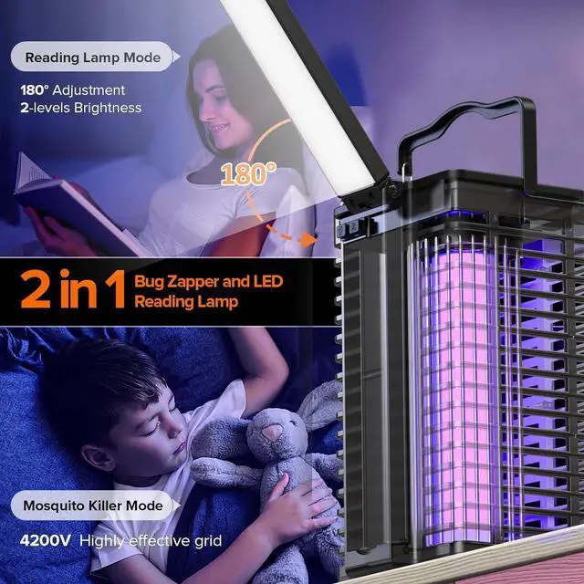 Alt view image 3 of 7 - Solar Bug Zapper Outdoor& Indoor, 4200V Mosquito Zapper with Reading Lamp, Cordless & Rechargeable Electric Fly Zapper, 2-in-1 Waterproof Mosquito Repellent Outdoor Patio for Home, Patio,Backyard