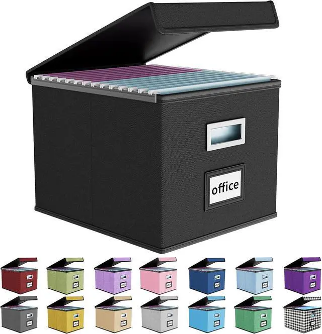 Main image of Huolewa Upgraded Portable File Organizer Box, Large Linen Hanging Office Document Storage Box with Lid - Black, Collapsible Filing & Storage Boxes for Office/Decor/Home - 14.9 x 12.59 x 10.8 inch