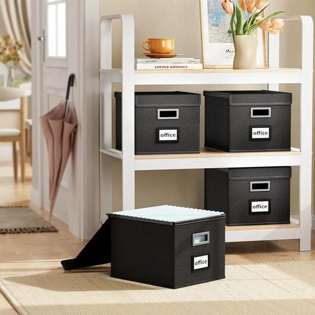 Alt view image 2 of 7 - Huolewa Upgraded Portable File Organizer Box, Large Linen Hanging Office Document Storage Box with Lid - Black, Collapsible Filing & Storage Boxes for Office/Decor/Home - 14.9 x 12.59 x 10.8 inch