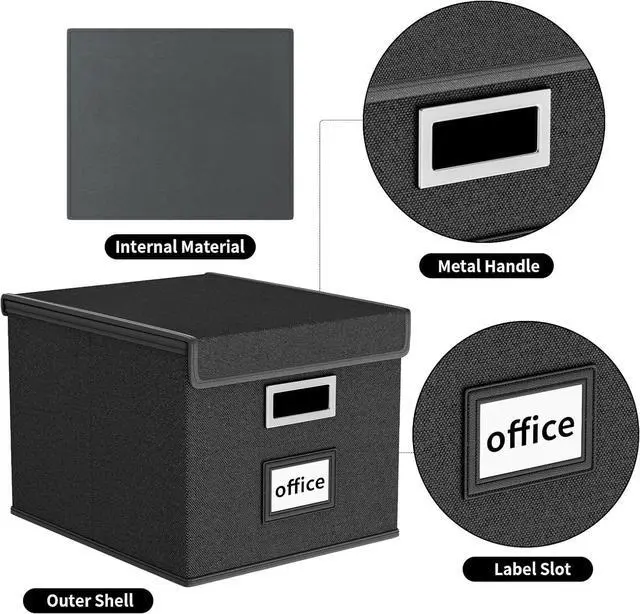 Alt view image 4 of 7 - Huolewa Upgraded Portable File Organizer Box, Large Linen Hanging Office Document Storage Box with Lid - Black, Collapsible Filing & Storage Boxes for Office/Decor/Home - 14.9 x 12.59 x 10.8 inch
