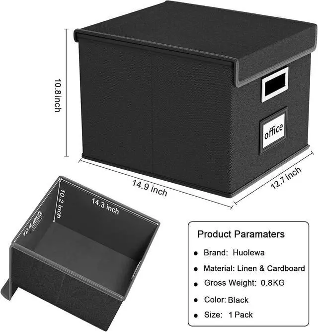 Alt view image 6 of 7 - Huolewa Upgraded Portable File Organizer Box, Large Linen Hanging Office Document Storage Box with Lid - Black, Collapsible Filing & Storage Boxes for Office/Decor/Home - 14.9 x 12.59 x 10.8 inch