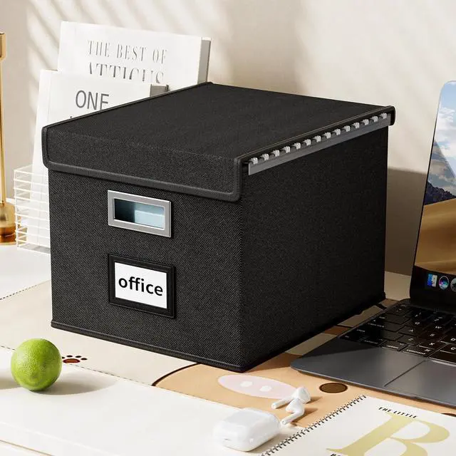 Alt view image 5 of 7 - Huolewa Upgraded Portable File Organizer Box, Large Linen Hanging Office Document Storage Box with Lid - Black, Collapsible Filing & Storage Boxes for Office/Decor/Home - 14.9 x 12.59 x 10.8 inch