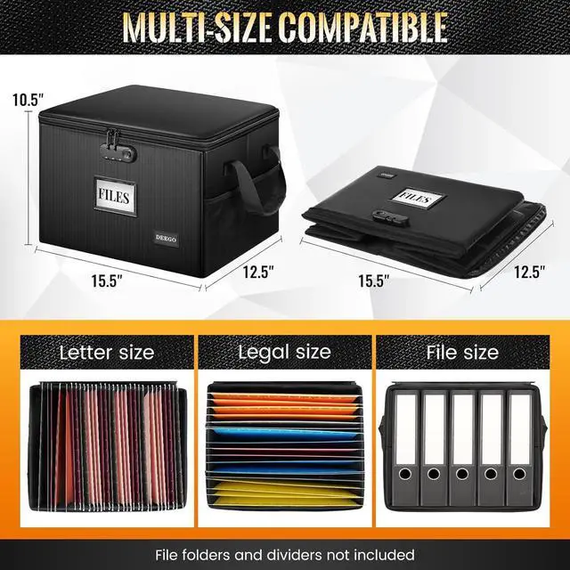 Alt view image 3 of 7 - DEEGO Fireproof Document Box, Water-Resistant File Organizer Box with Lock for Document Safe, Collapsible File Organizer with Handle, Filing Cabinets for Home Office for Hanging Letter/Legal Folder