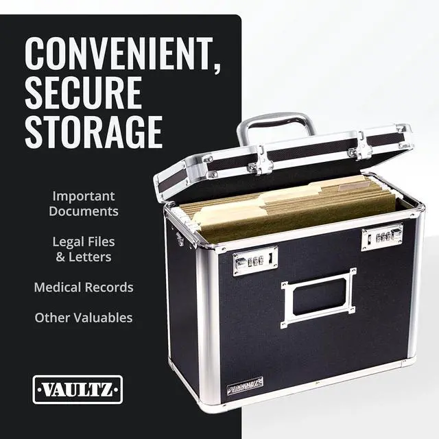 Alt view image 3 of 7 - Vaultz File Organizer Storage Box - 14 x 7 x 12.19 Inch Letter Size, Portable Locking Storage Totes with Dual Combination Locks for Filing Office Documents - Black