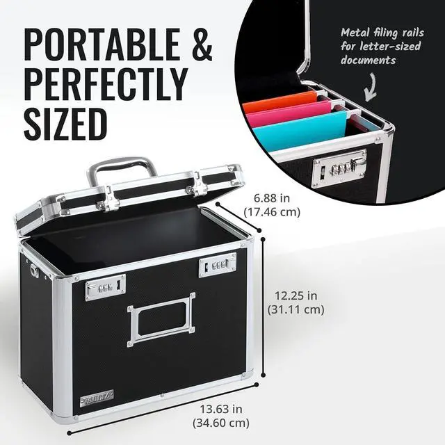 Alt view image 4 of 7 - Vaultz File Organizer Storage Box - 14 x 7 x 12.19 Inch Letter Size, Portable Locking Storage Totes with Dual Combination Locks for Filing Office Documents - Black