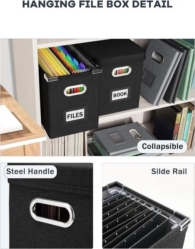 Alt view image 5 of 7 - Oterri File Organizer Box with Lid, Hanging Filing File Box with Mesh Pocket, Document Organizer Box for Letter Files, Portable Storage Box with Smooth Sliding Rail for Office&Home (1 PCS, Black)