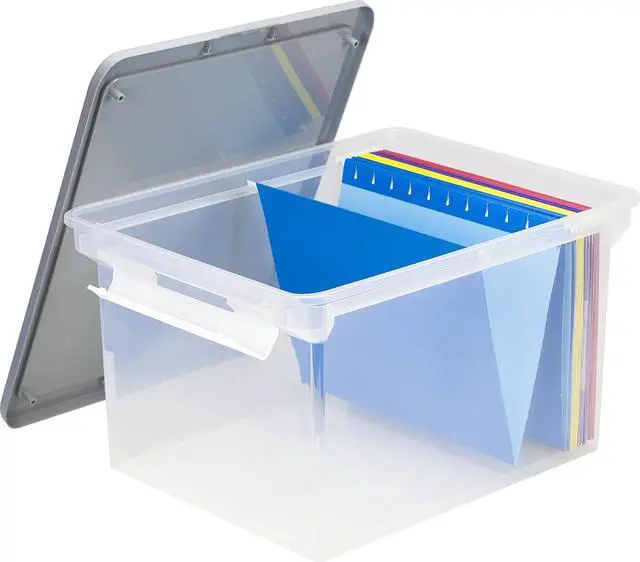 Main image of Storex Portable File Tote with Locking Handles, Letter/Legal Files, 18.5" X 14.25" X 10.88", Clear/Silver