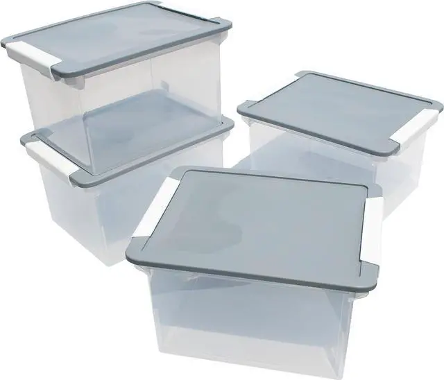 Alt view image 2 of 6 - Storex Portable File Tote with Locking Handles, Letter/Legal Files, 18.5" X 14.25" X 10.88", Clear/Silver