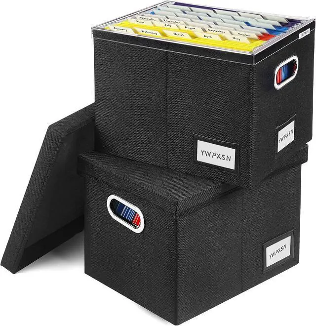 Main image of File Organizer Box with Lid - Hanging File Box with One-Piece Plastic Frame - Collapsible Decorative Document Storage Bins for Office Home (Black, 13.2x10.1x10.1in(2Pack))