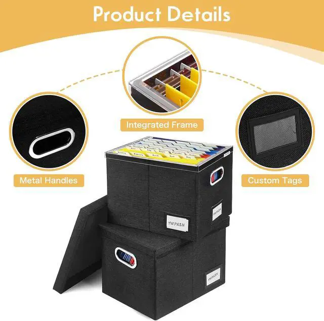 Alt view image 4 of 7 - File Organizer Box with Lid - Hanging File Box with One-Piece Plastic Frame - Collapsible Decorative Document Storage Bins for Office Home (Black, 13.2x10.1x10.1in(2Pack))