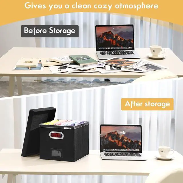 Alt view image 6 of 7 - File Organizer Box with Lid - Hanging File Box with One-Piece Plastic Frame - Collapsible Decorative Document Storage Bins for Office Home (Black, 13.2x10.1x10.1in(2Pack))