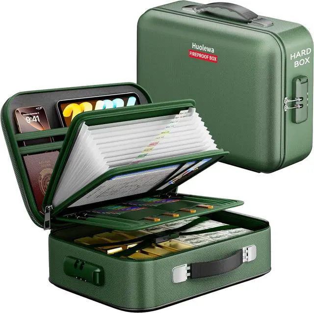 Main image of Fireproof Document Box, Hard Case Fireproof Box with Lock, Portable Hard-Shell Fireproof Water Resistant Document Safe for Important Documents, Laptops, Passports, Files and More (Green)