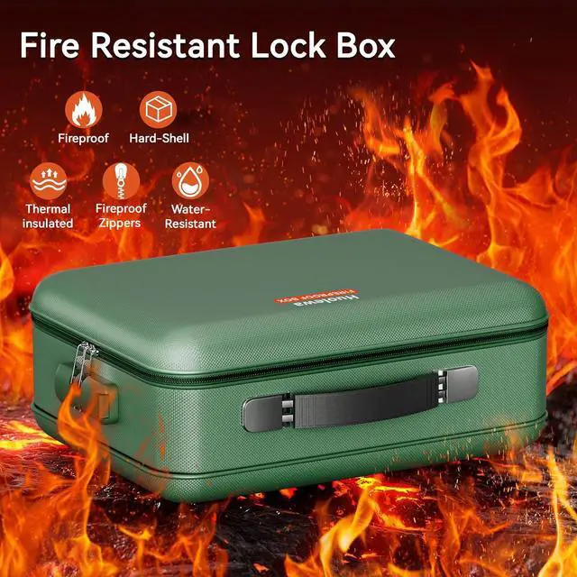 Alt view image 2 of 7 - Fireproof Document Box, Hard Case Fireproof Box with Lock, Portable Hard-Shell Fireproof Water Resistant Document Safe for Important Documents, Laptops, Passports, Files and More (Green)