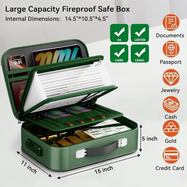 Alt view image 4 of 7 - Fireproof Document Box, Hard Case Fireproof Box with Lock, Portable Hard-Shell Fireproof Water Resistant Document Safe for Important Documents, Laptops, Passports, Files and More (Green)