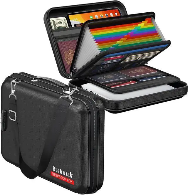 Main image of Fireproof Document Box with Lock & Shoulder Strap - Waterproof Hard-Shell File Organizer with Pocket Accordion File Folder, Portable Fireproof Box Safe Storage for Important Documents, Laptop
