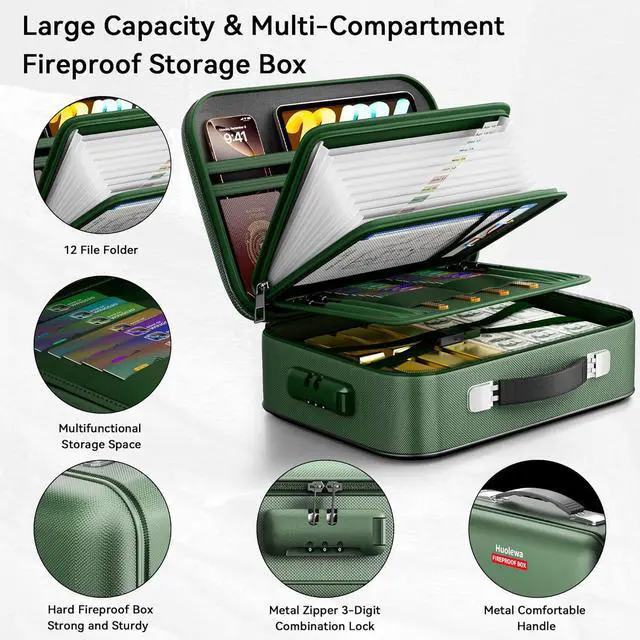 Alt view image 5 of 7 - Fireproof Document Box, Hard Case Fireproof Box with Lock, Portable Hard-Shell Fireproof Water Resistant Document Safe for Important Documents, Laptops, Passports, Files and More (Green)