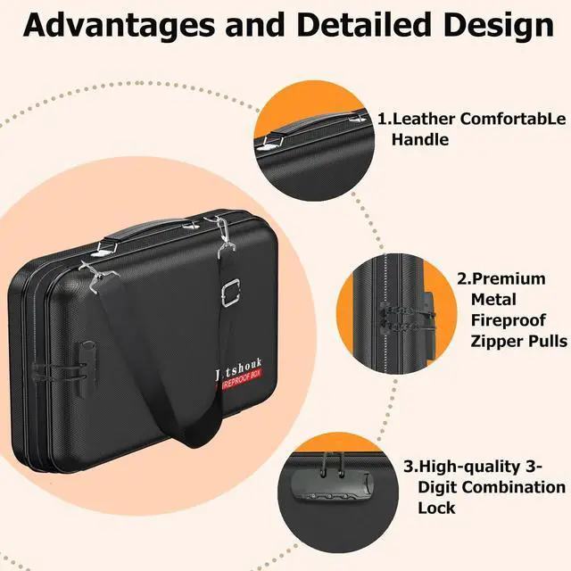 Alt view image 4 of 7 - Fireproof Document Box with Lock & Shoulder Strap - Waterproof Hard-Shell File Organizer with Pocket Accordion File Folder, Portable Fireproof Box Safe Storage for Important Documents, Laptop