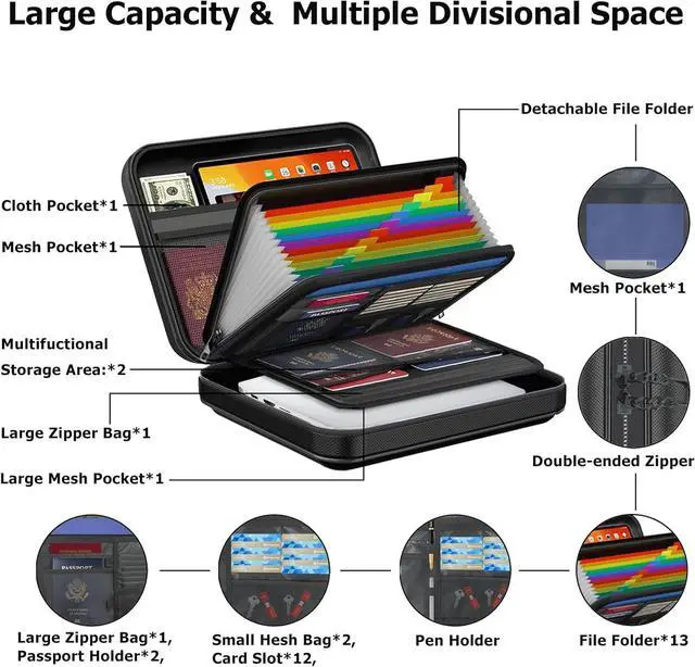 Alt view image 5 of 7 - Fireproof Document Box with Lock & Shoulder Strap - Waterproof Hard-Shell File Organizer with Pocket Accordion File Folder, Portable Fireproof Box Safe Storage for Important Documents, Laptop