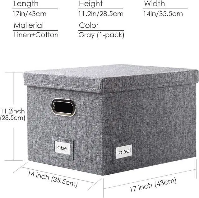 Alt view image 7 of 7 - PRANDOM File Organizer Box - Set of 1 Collapsible Decorative Linen Filing Storage Hanging File Folders with Lids Office Cabinet Letter/Legal Size Grey (17x14x11.2 inch)