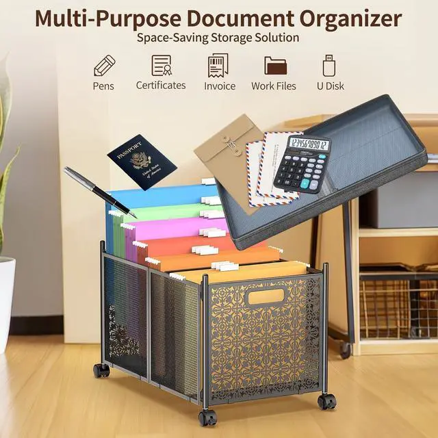 Alt view image 2 of 7 - Large File Box for Hanging Letter/Legal Size Files, Decorative Metal File Box with Wheels for Office/Decor/Home, HSJD001