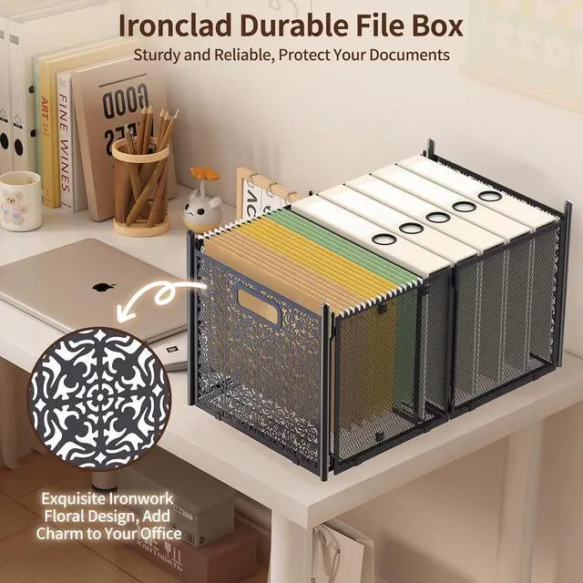 Alt view image 4 of 7 - Large File Box for Hanging Letter/Legal Size Files, Decorative Metal File Box with Wheels for Office/Decor/Home, HSJD001
