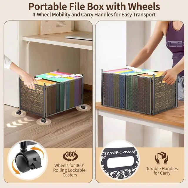 Alt view image 5 of 7 - Large File Box for Hanging Letter/Legal Size Files, Decorative Metal File Box with Wheels for Office/Decor/Home, HSJD001