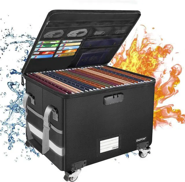 Main image of ENGPOW Fireproof Document Box with Wheels, Collapsible File Box with Lock, Rolling File Storage Organizer Filing Cabinet with Pockets, Portable Home Office Safe for Hanging Letter/Legal Folder