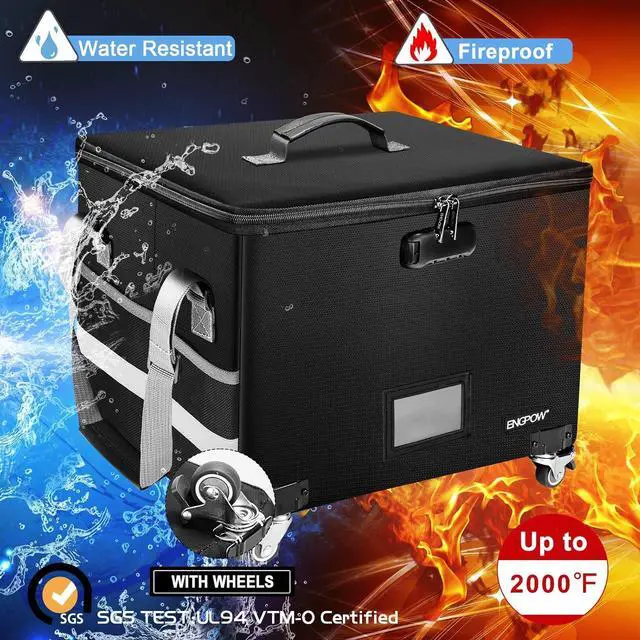 Alt view image 2 of 7 - ENGPOW Fireproof Document Box with Wheels, Collapsible File Box with Lock, Rolling File Storage Organizer Filing Cabinet with Pockets, Portable Home Office Safe for Hanging Letter/Legal Folder